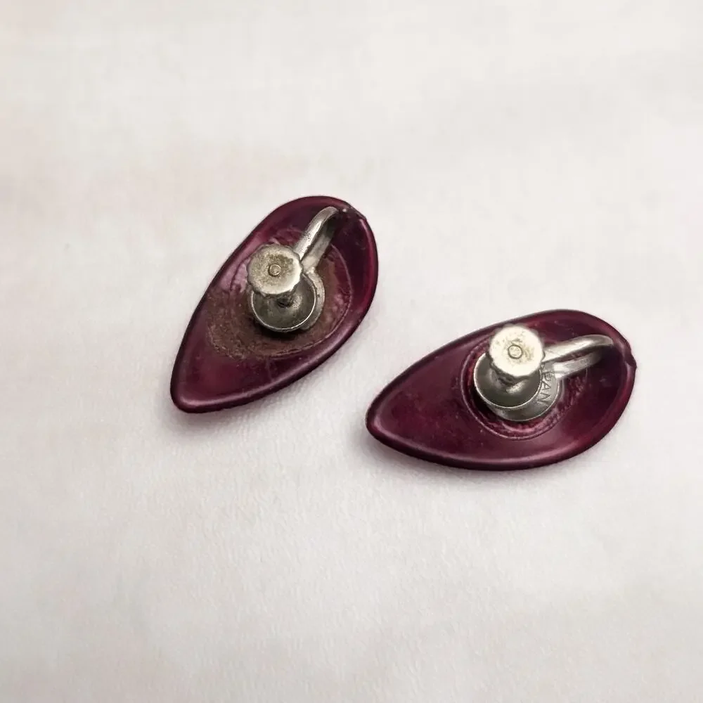 Vintage Screw On Earrings Burgundy Curved Teardrop - Japan - Fair Condition